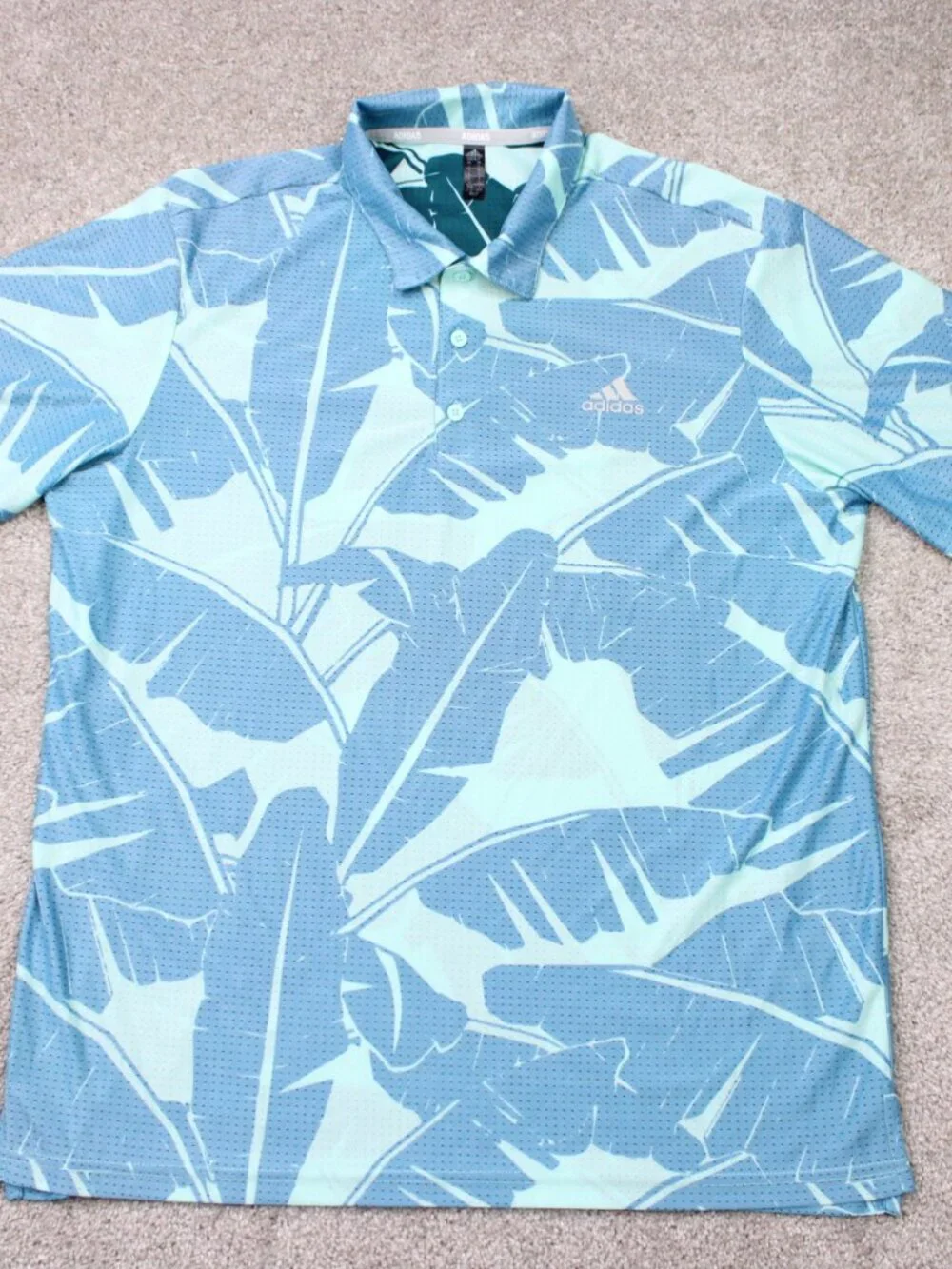 Adidas Golf Polo Shirt Mens Large Blue Palm Leaf Mesh Reverse Print Short Sleeve